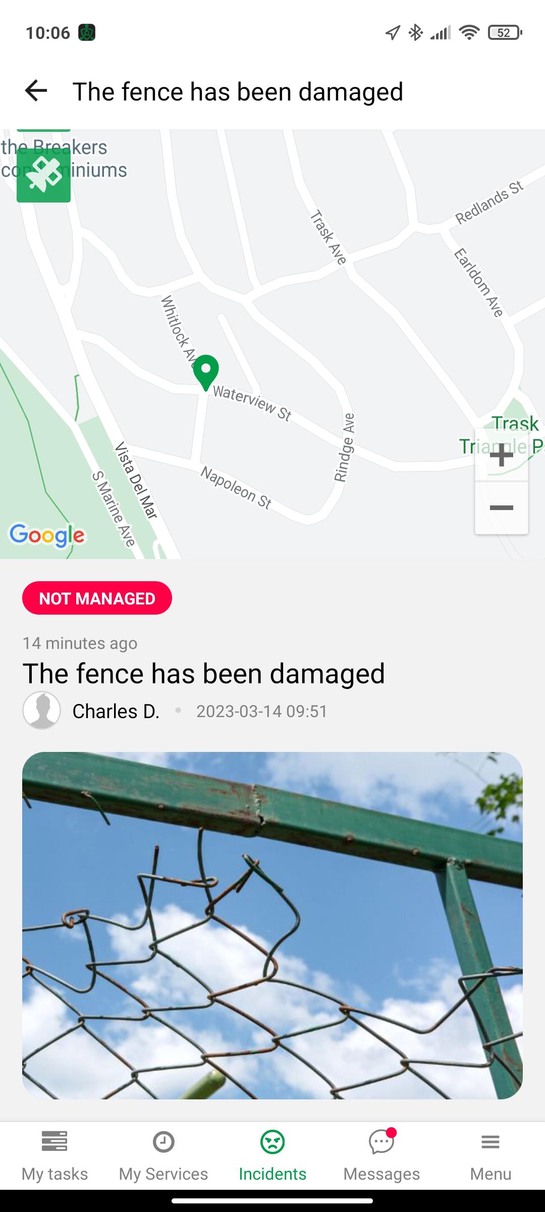 Reported incidents can be seen on a map view